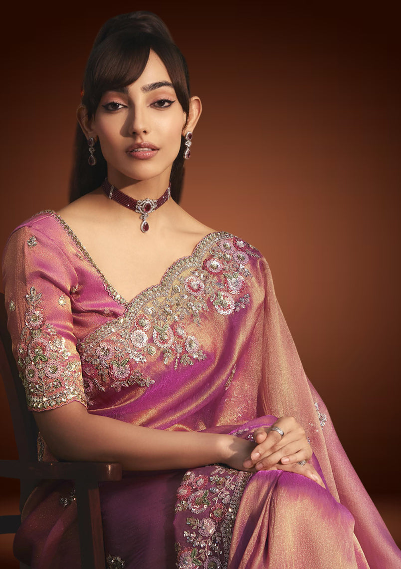Pink Tissue Organza Saree with Sequin & Resham Work