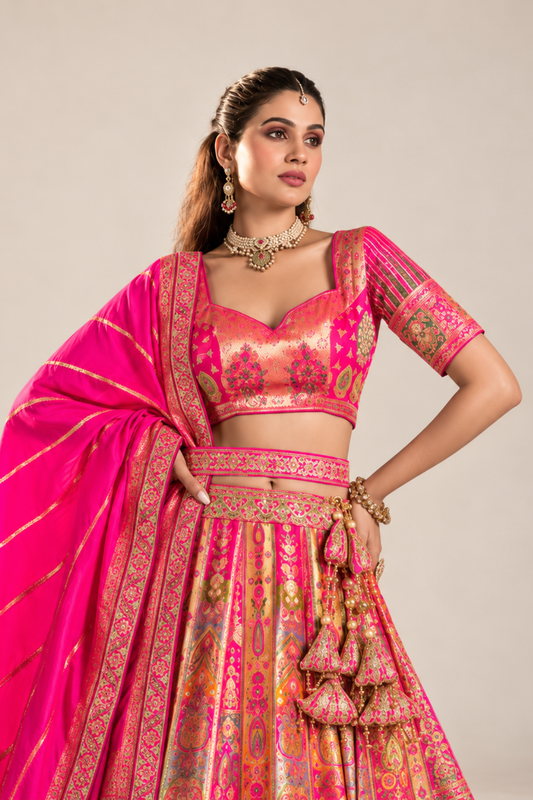 Royal Pink Gold Designer Lehenga Set with Magenta Dupatta