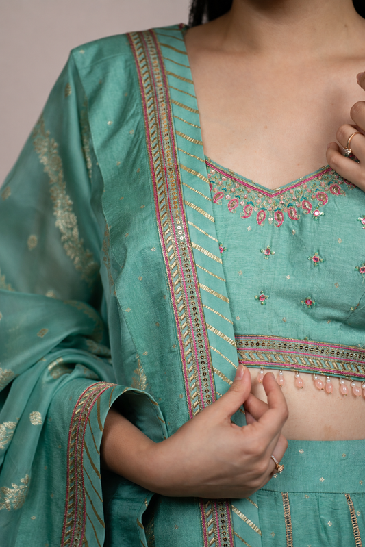 Aqua Blue Embellished Lehenga Set with Banarasi Dupatta