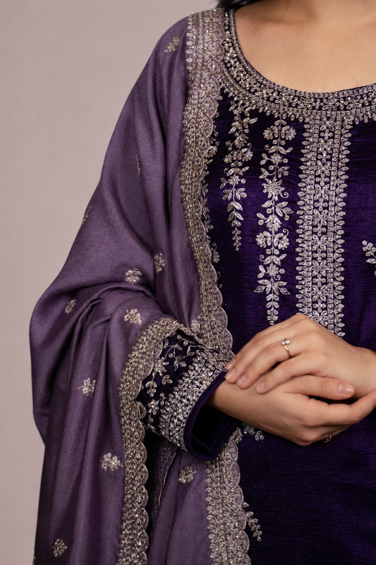 Royal Plum Embroidered Silk Blend Straight Suit Set with Dupatta
