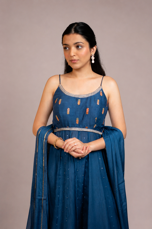 Midnight Blue Embellished Spaghetti Strap Anarkali Suit Set with Dupatta