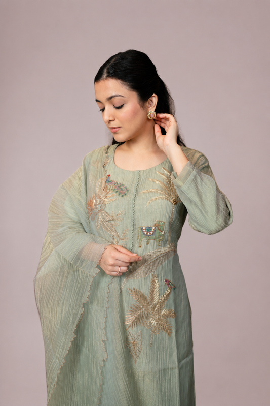 Sage Bloom Embroidered Straight Suit Set with Dupatta