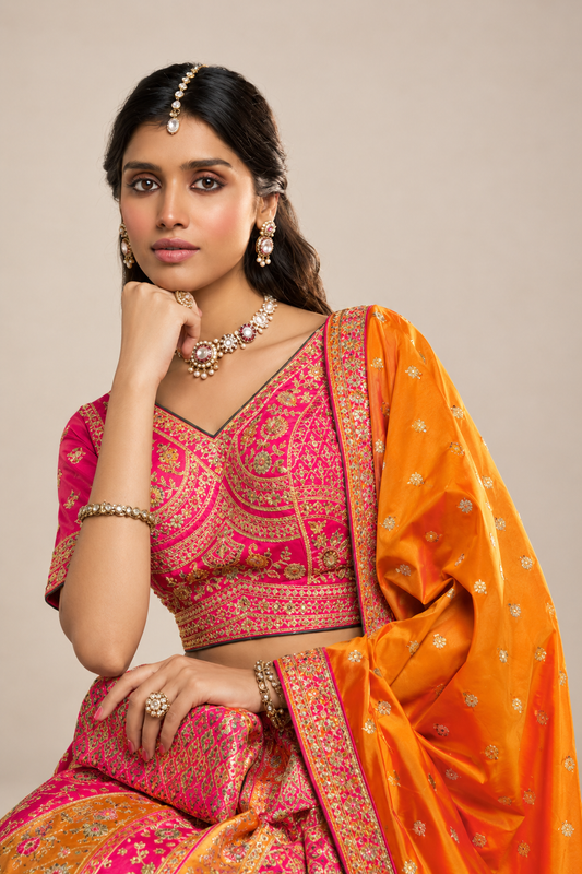 Royal Pink Orange Gold Printed Lehenga Set