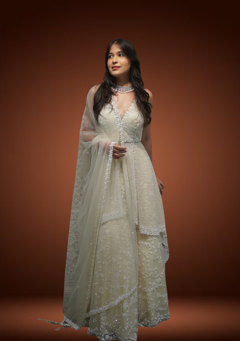 ivory indo western dress Kiara Advani inspired Ivory colored Hand embroidered Indo-Western lehe