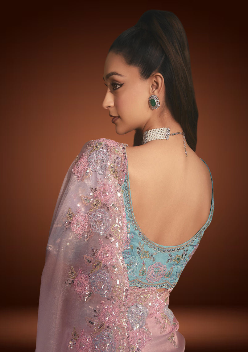 Pastel Pink Tissue Organza Saree with Sequin Resham Work & Blue Blouse