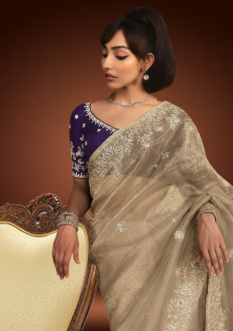 Beige Tissue Organza Saree with Sequin Resham Work & Royal Plum Blouse