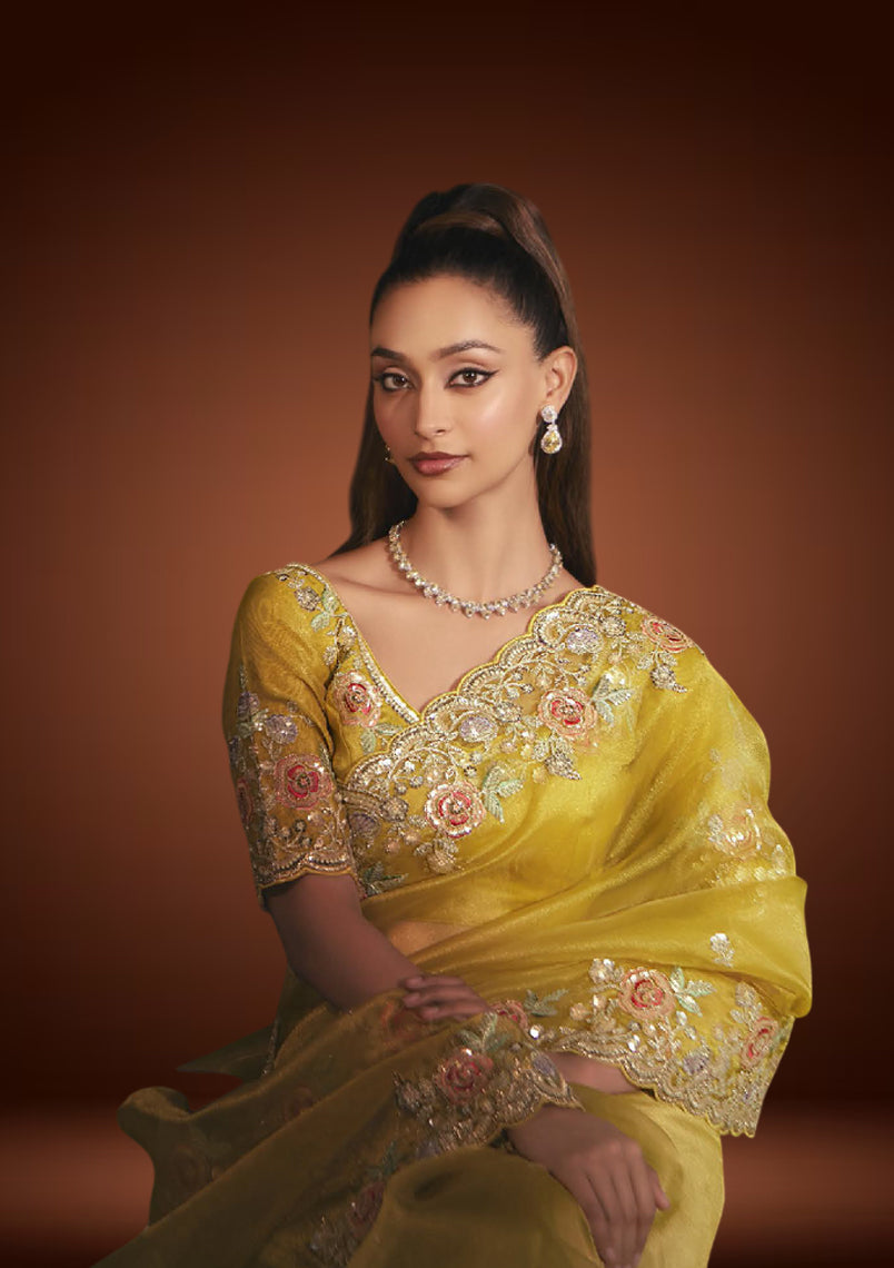 Radiant Yellow Tissue Organza Saree with Sequins Resham Embroidery & Matching Blouse