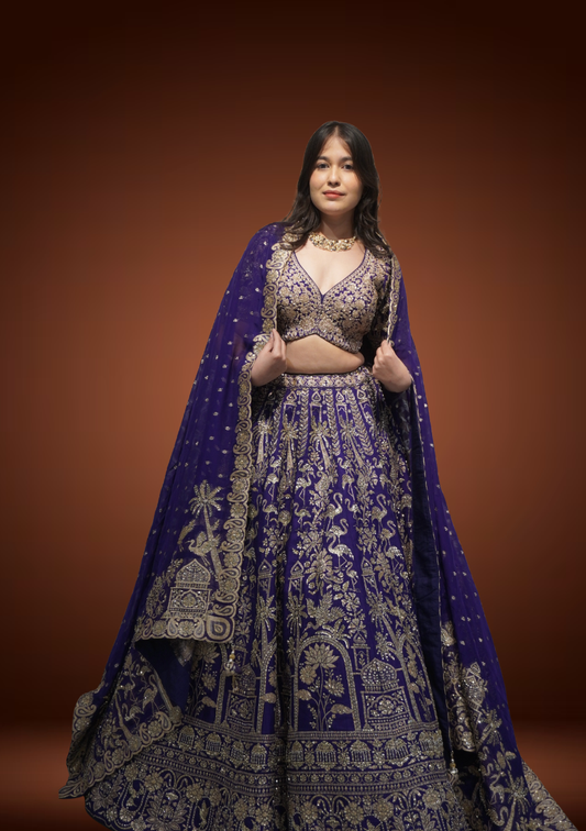 Royal Purple Banarasi Silk Chaniya Choli with Kardana Tikki Work