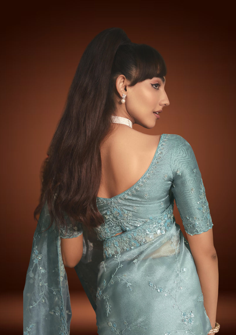 Light Aqua Blue Tissue Organza Saree with Sequins Embroidery