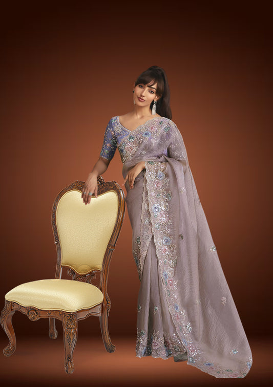 Dusty Lilac Tissue Organza Saree with Sequins Work & Pastel Lavender Blouse