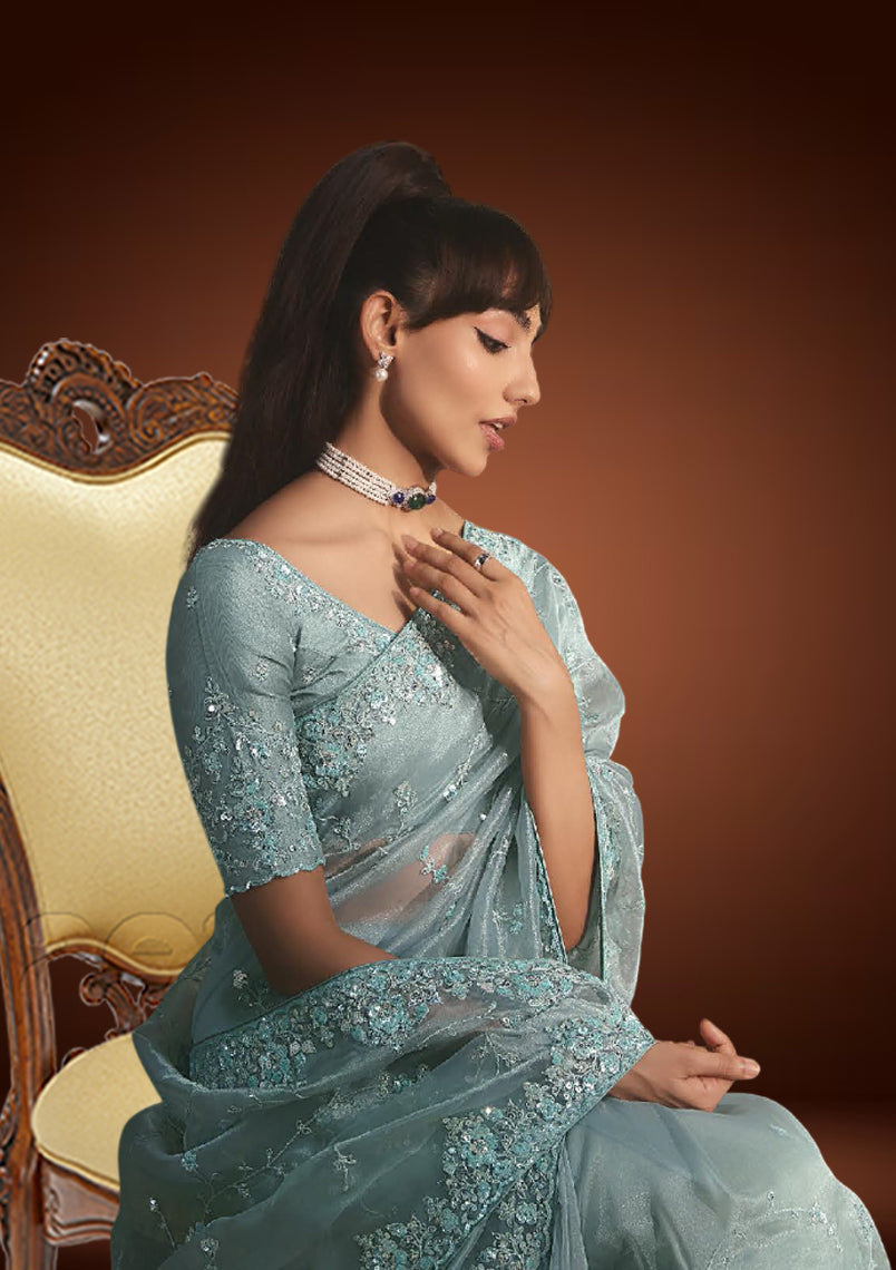 Light Aqua Blue Tissue Organza Saree with Sequins Embroidery
