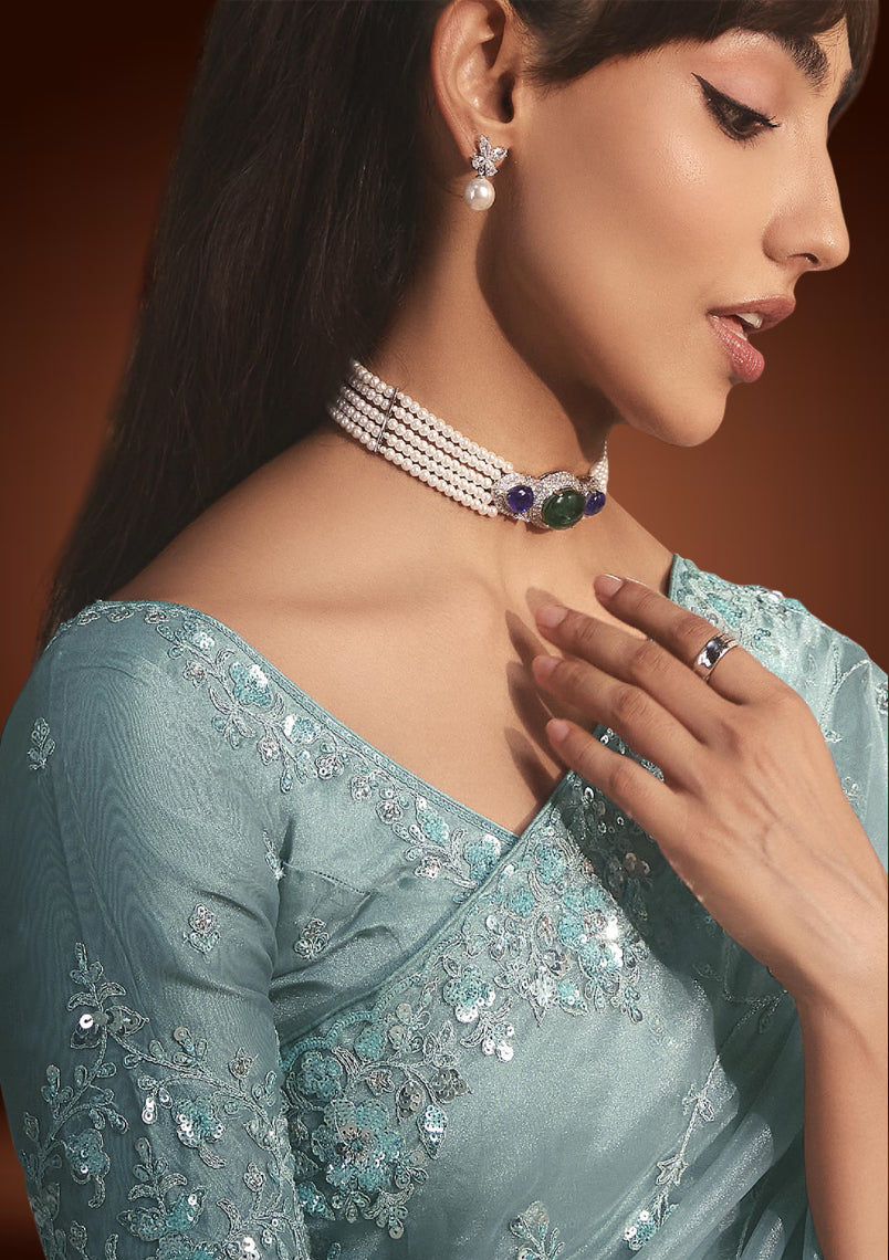 Light Aqua Blue Tissue Organza Saree with Sequins Embroidery