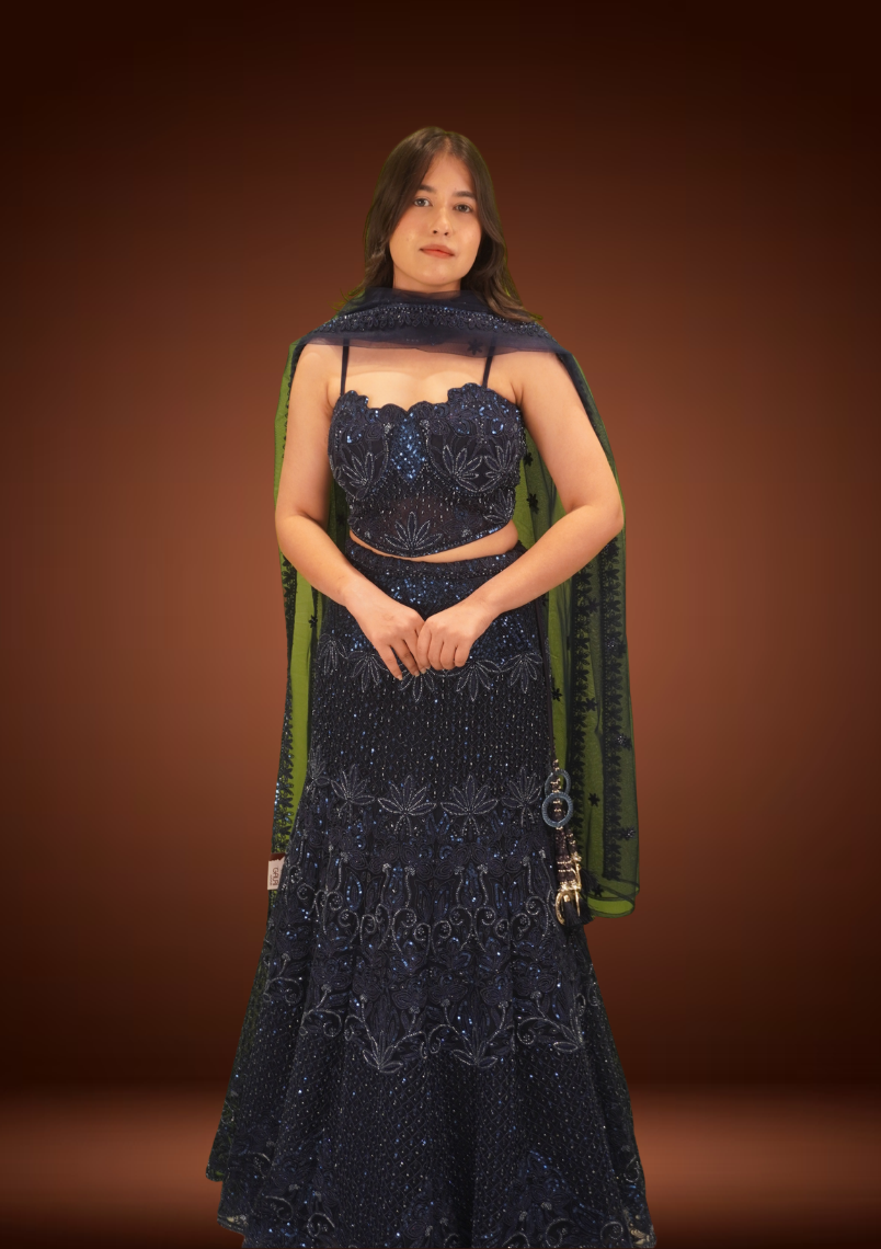 Midnight Glam Navy Blue Fish-Cut Lehenga Set