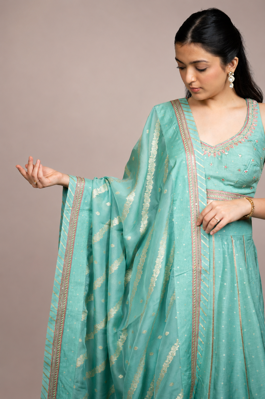 Aqua Blue Embellished Lehenga Set with Banarasi Dupatta