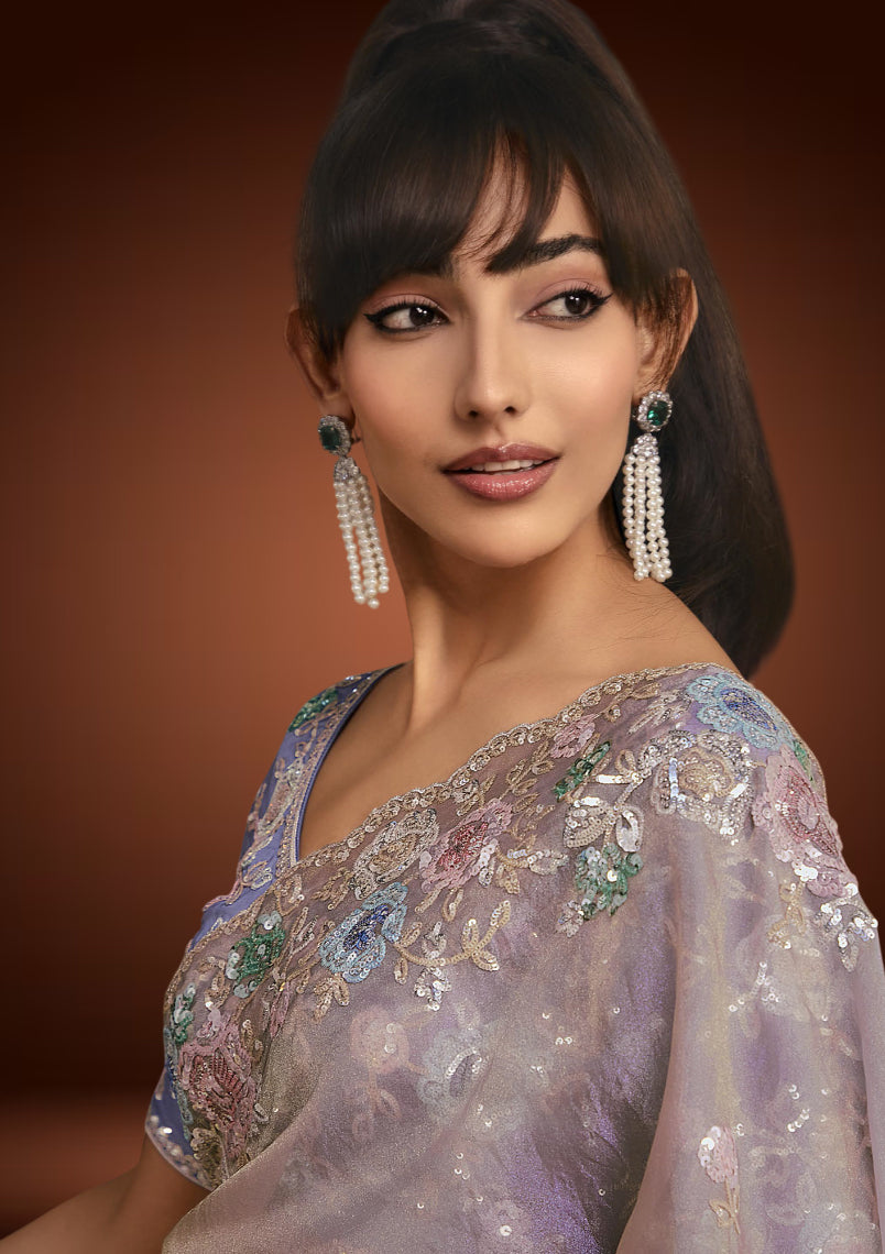 Dusty Lilac Tissue Organza Saree with Sequins Work & Pastel Lavender Blouse