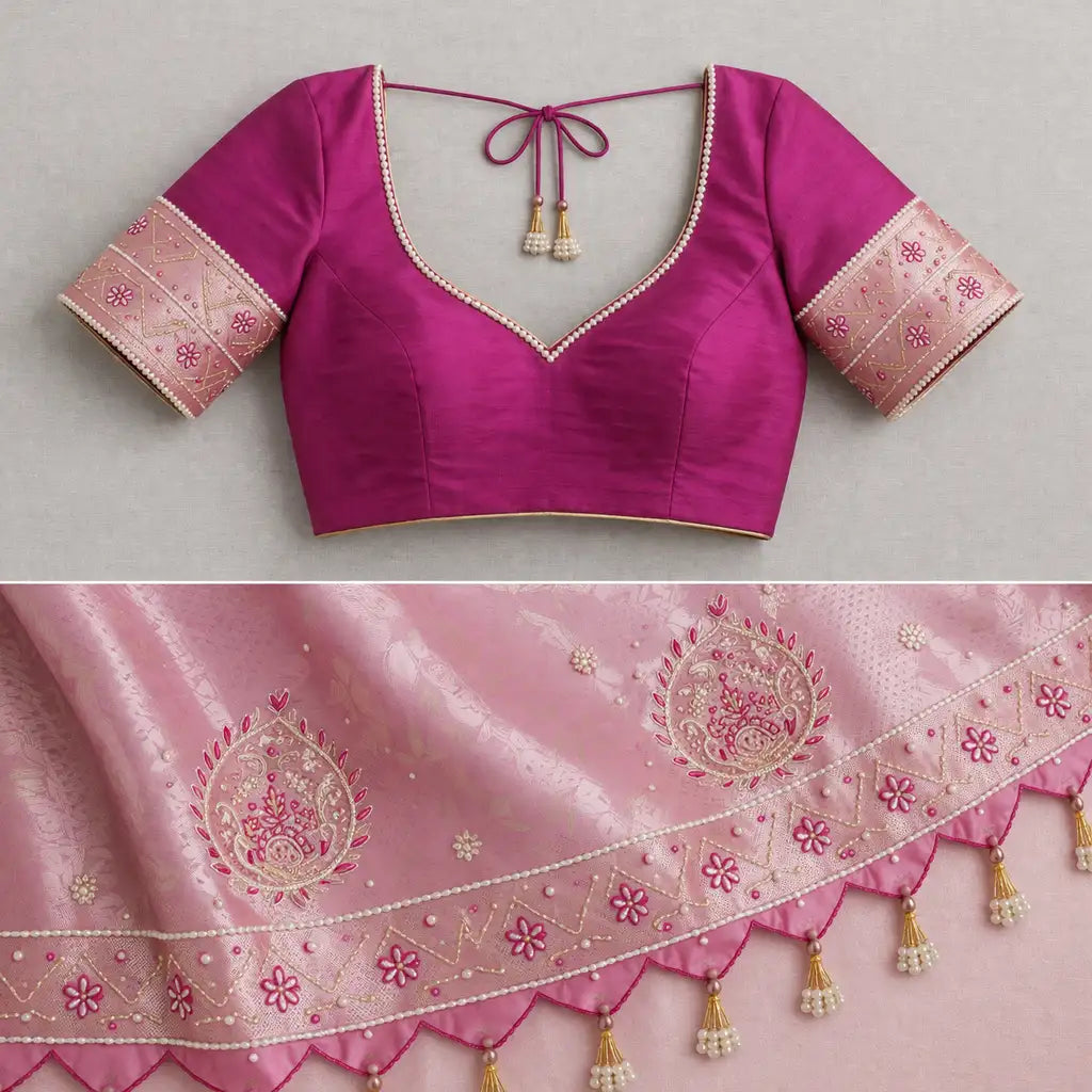 Blush Elegance Crepe Tissue Saree with Pearl Work & Tassels