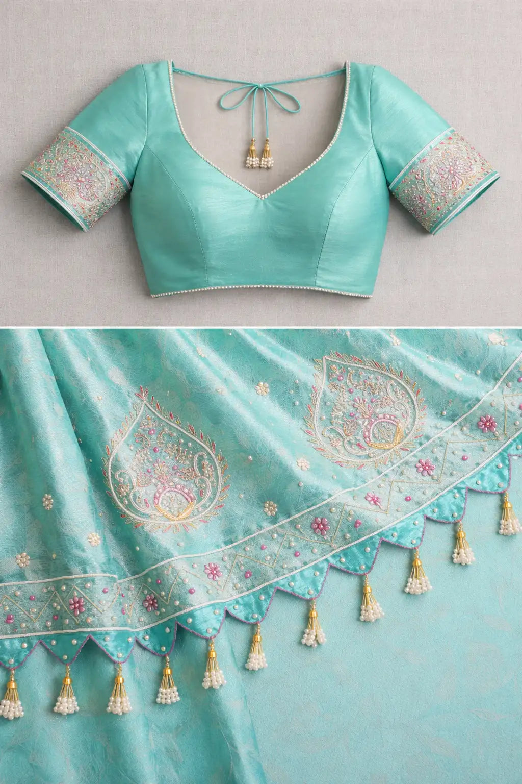 Sea Green Grace Crepe Tissue Saree with Pearl Work & Tassels