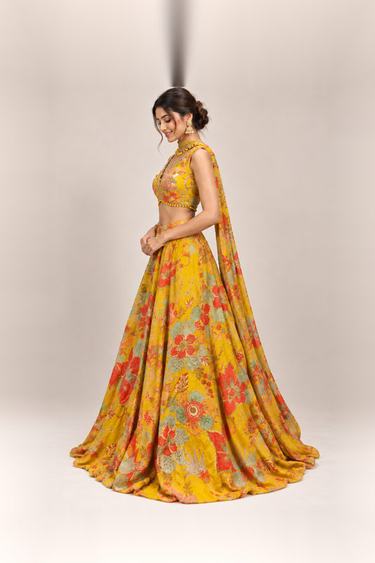 Sunshine Yellow Floral Silk Blend Lehenga Set