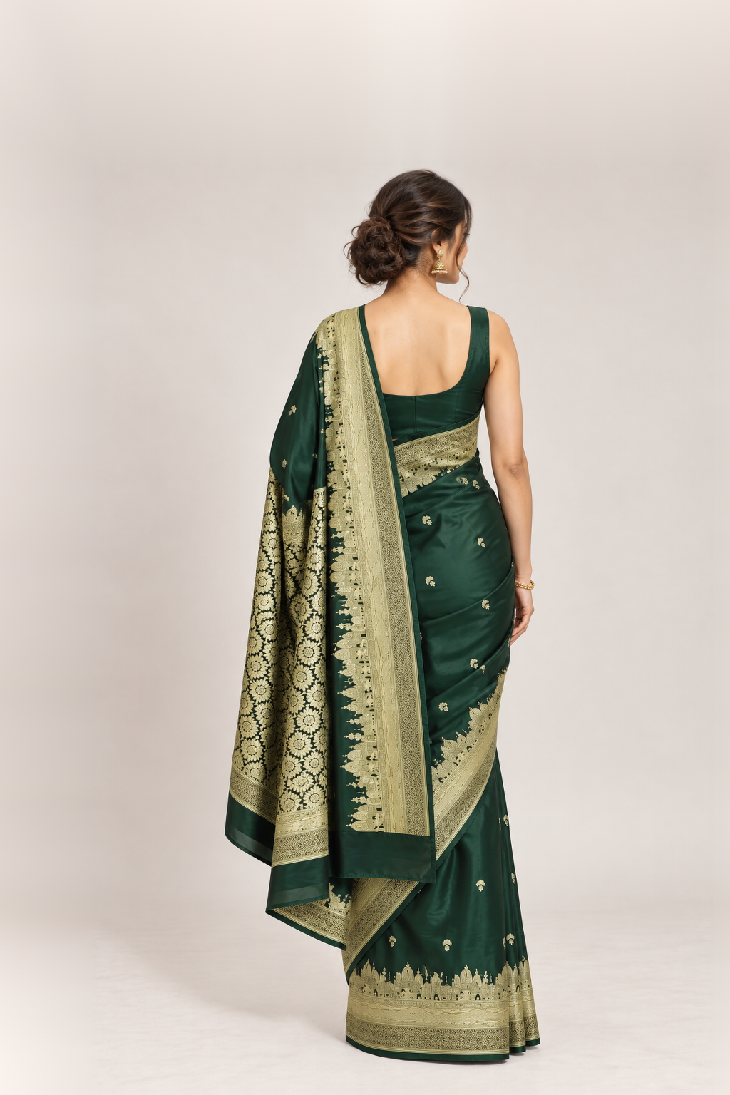 Deep Bottle Green & Antique Gold Banarasi Silk Saree