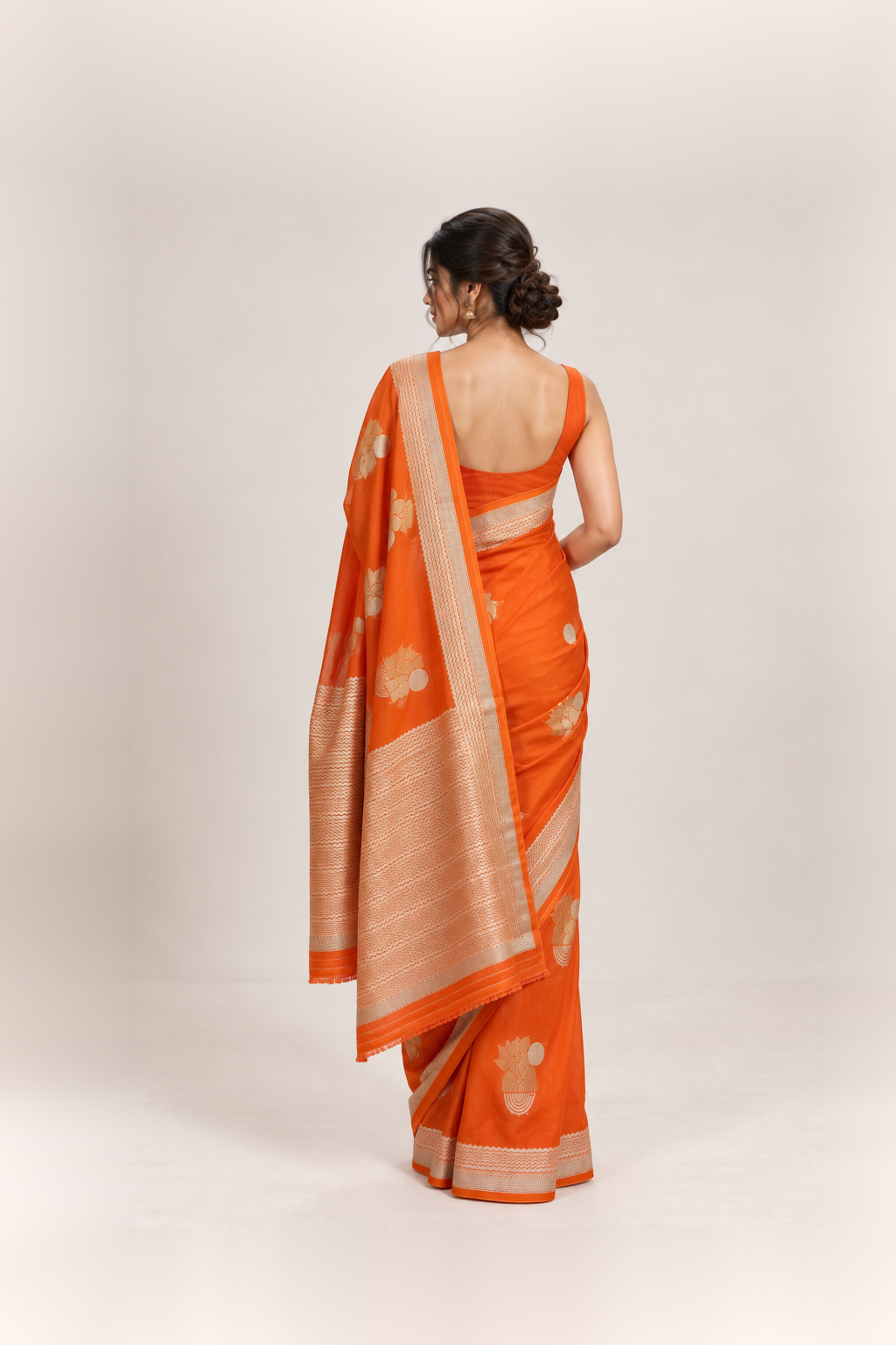 Bright Orange & Antique Gold Woven Silk Saree