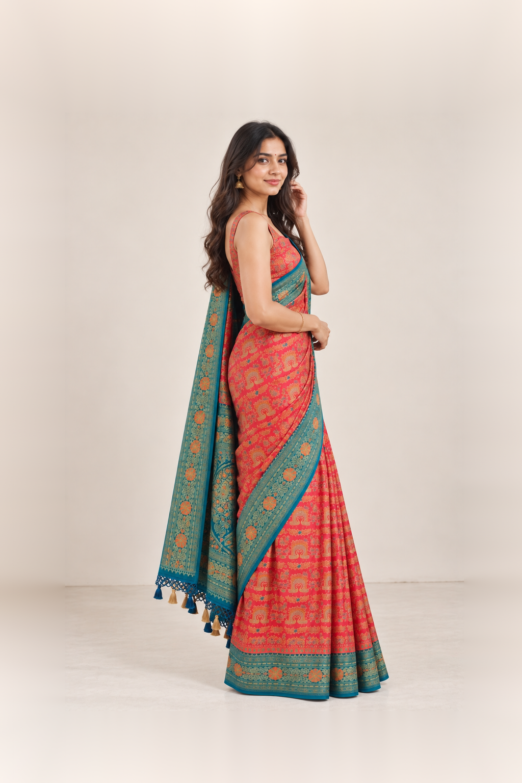 Teal Blue & Coral Pink Floral Woven Silk Saree