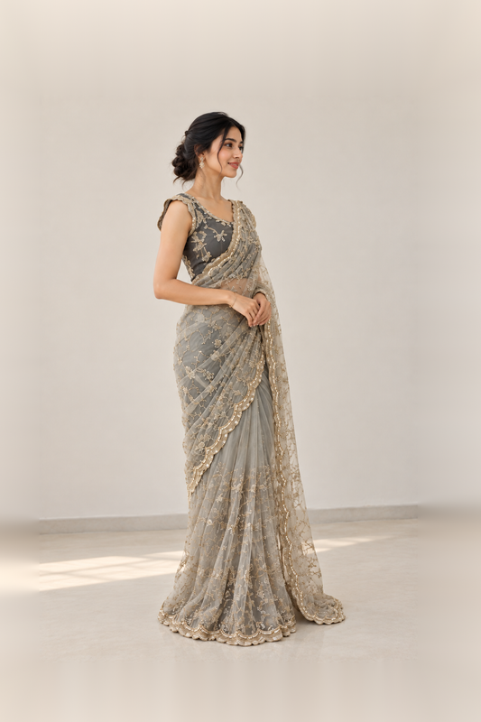 Silver Grey & Charcoal Black Embroidered Designer Saree