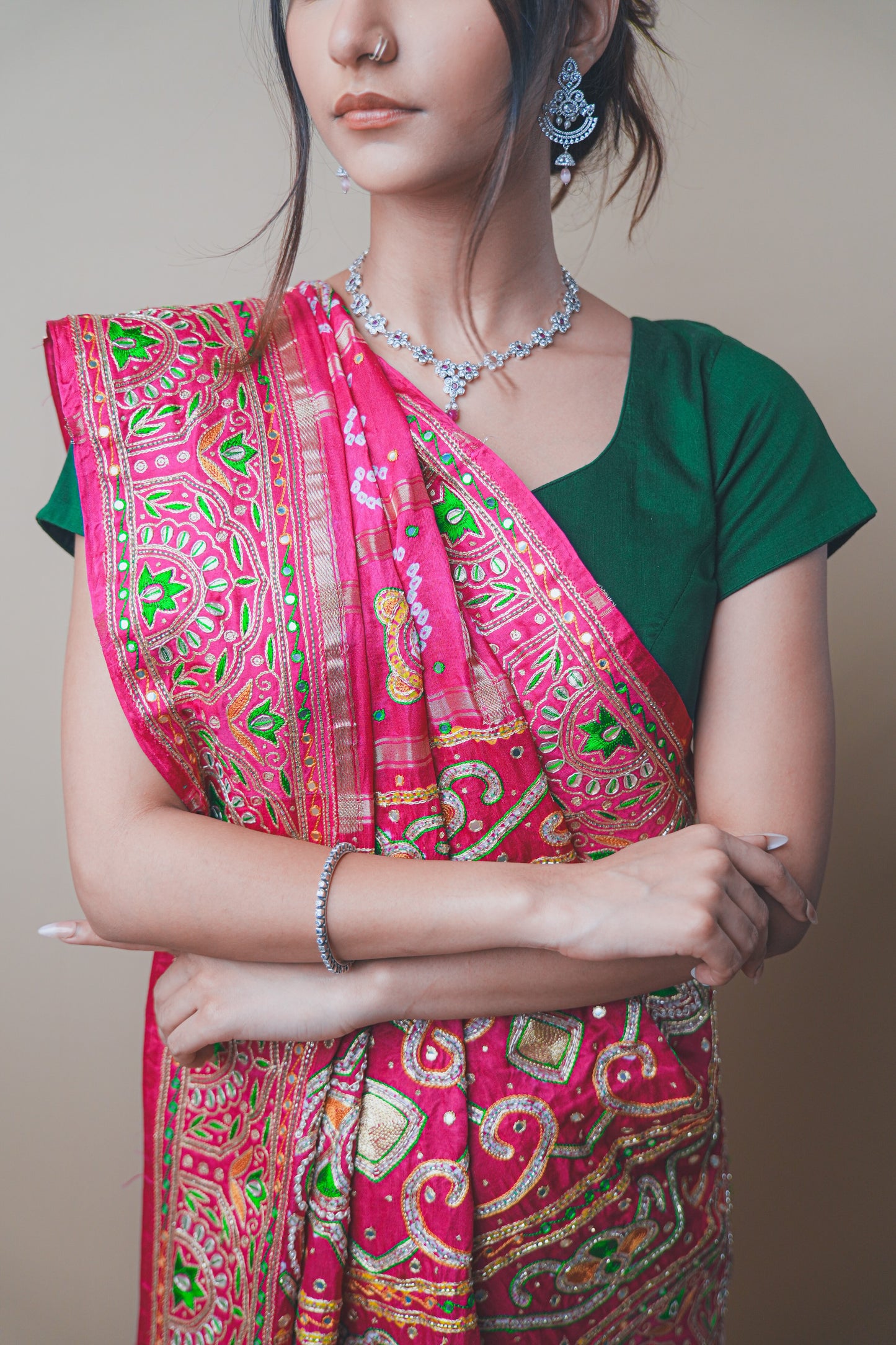 Rani Pink Gaji Silk Saree with Intricate Ghar Chola Work
