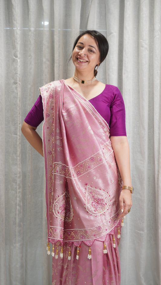 Blush Elegance Crepe Tissue Saree with Pearl Work & Tassels