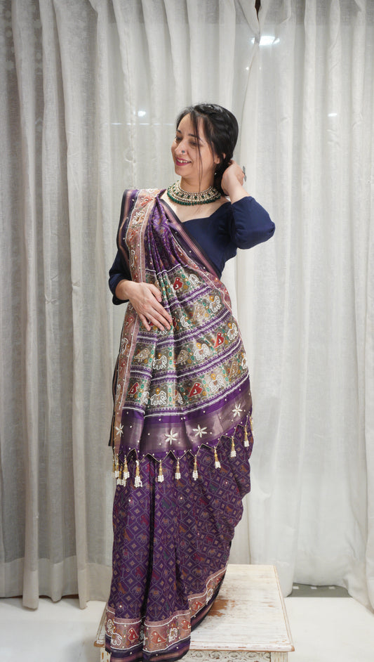 Royal Purple Patola Art Silk Saree with Pearl Work & Tassels