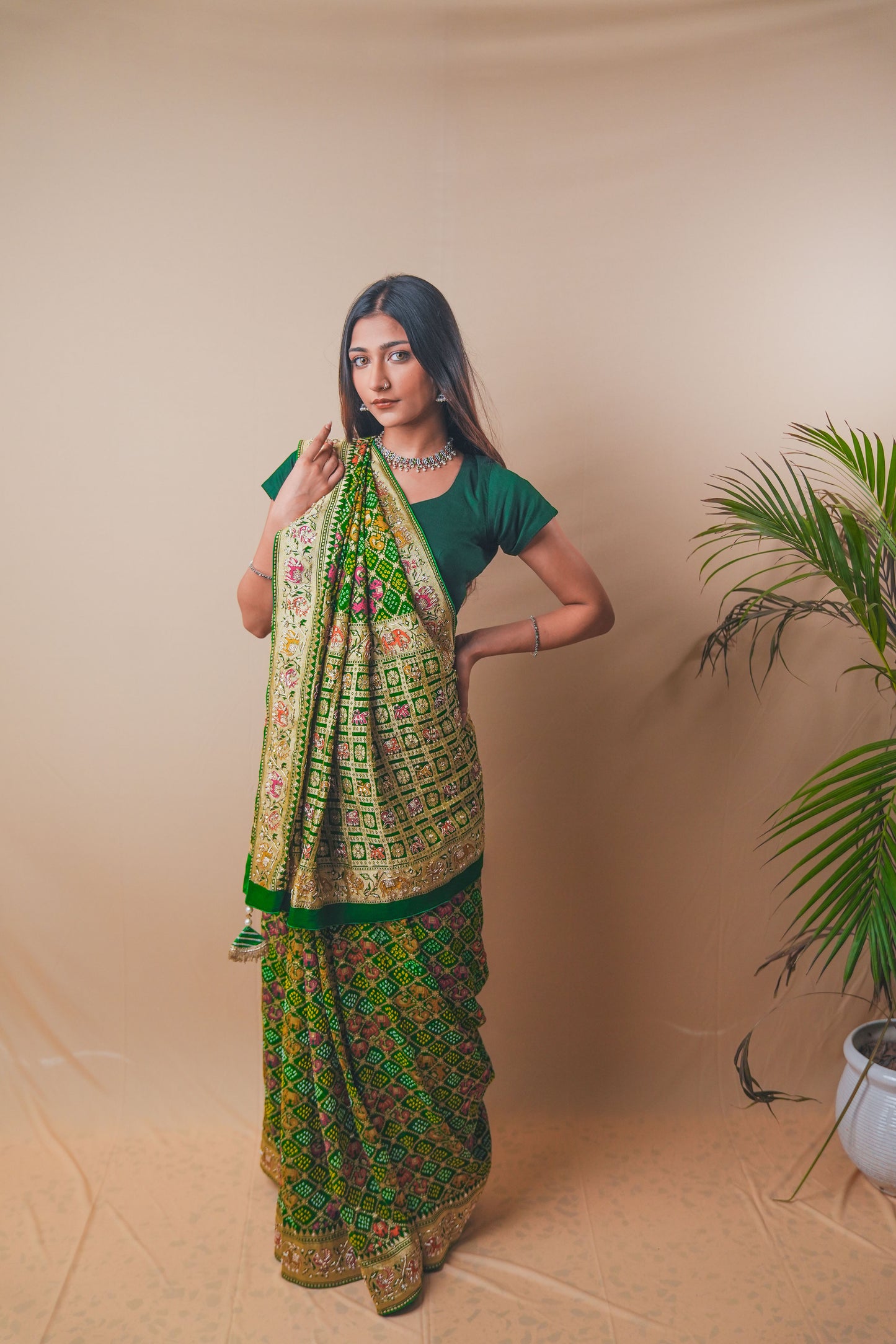 Royal Green Banarasi Georgette Bandhej Saree with Zari Work