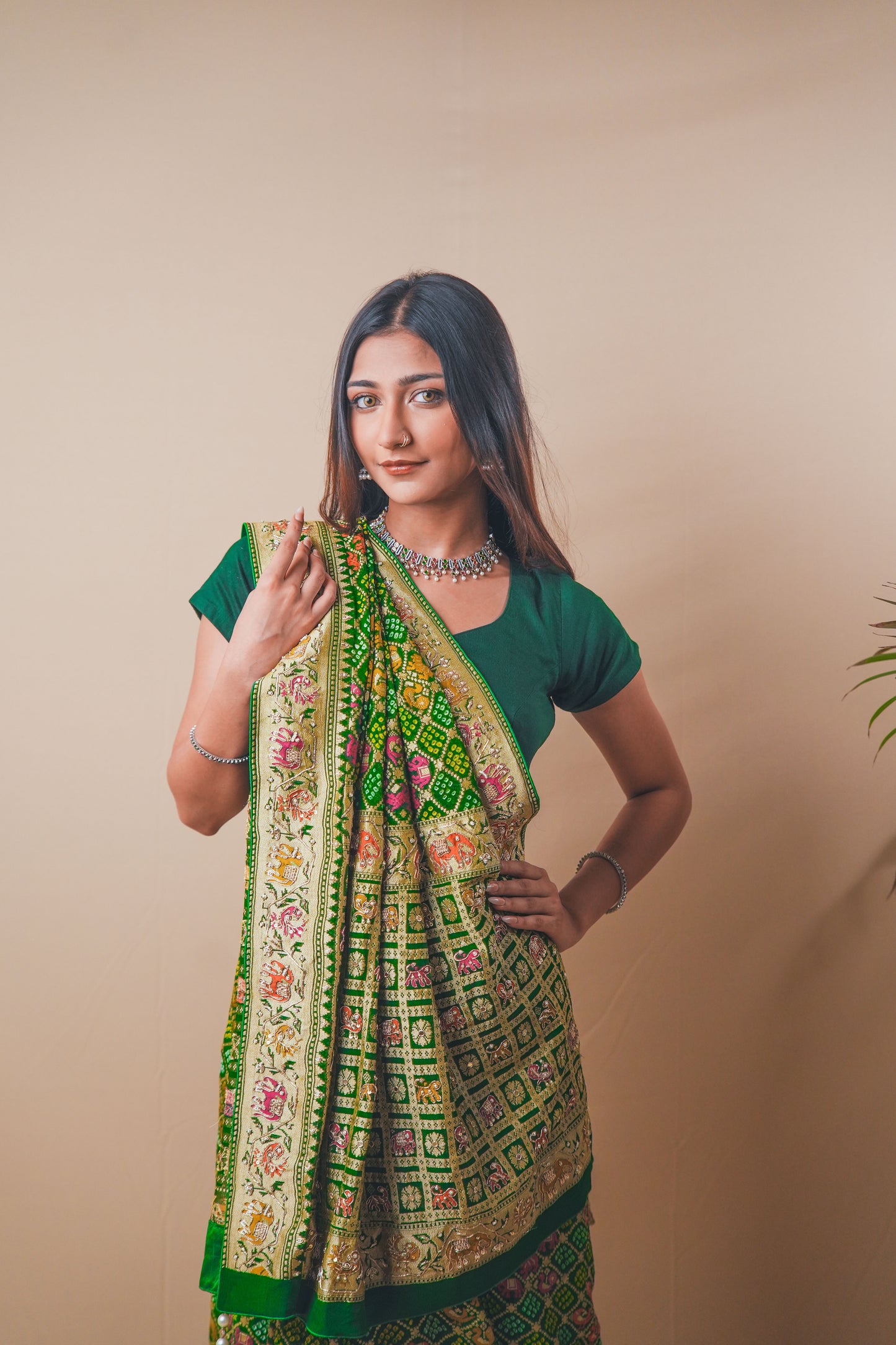 Royal Green Banarasi Georgette Bandhej Saree with Zari Work