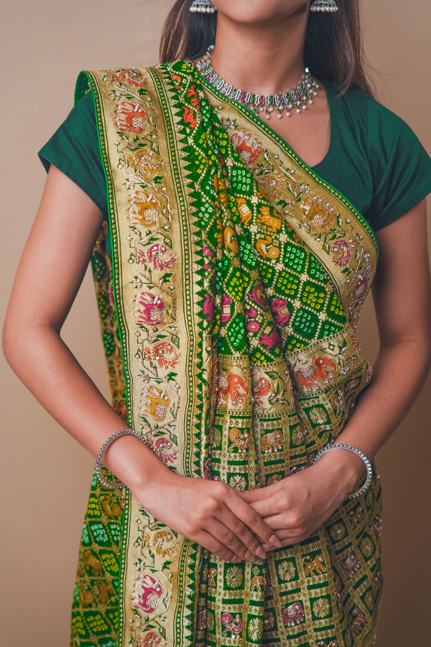 Royal Green Banarasi Georgette Bandhej Saree with Zari Work
