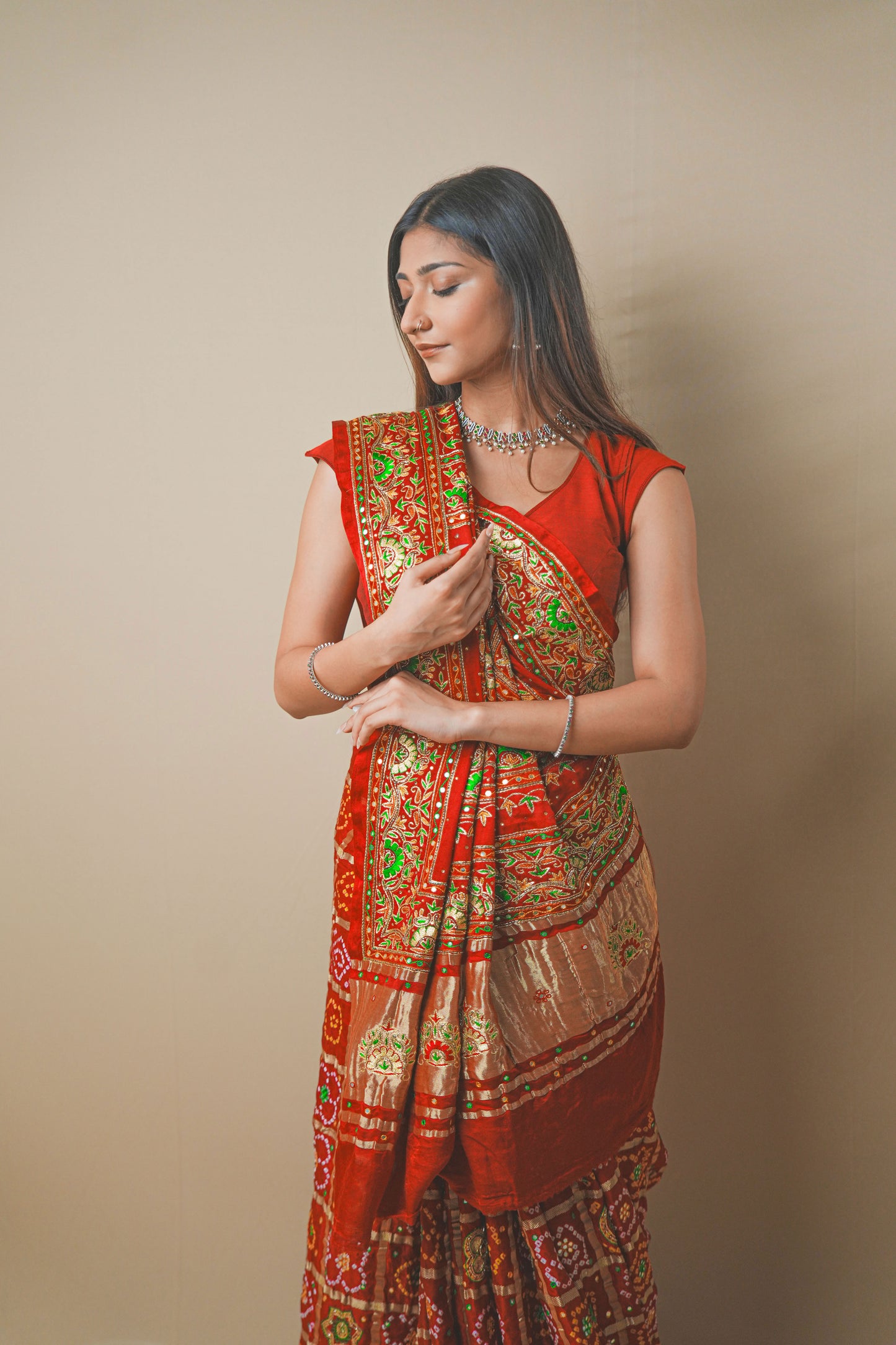 Red Gaji Silk Saree with Ghar Chola & Pitta Handwork