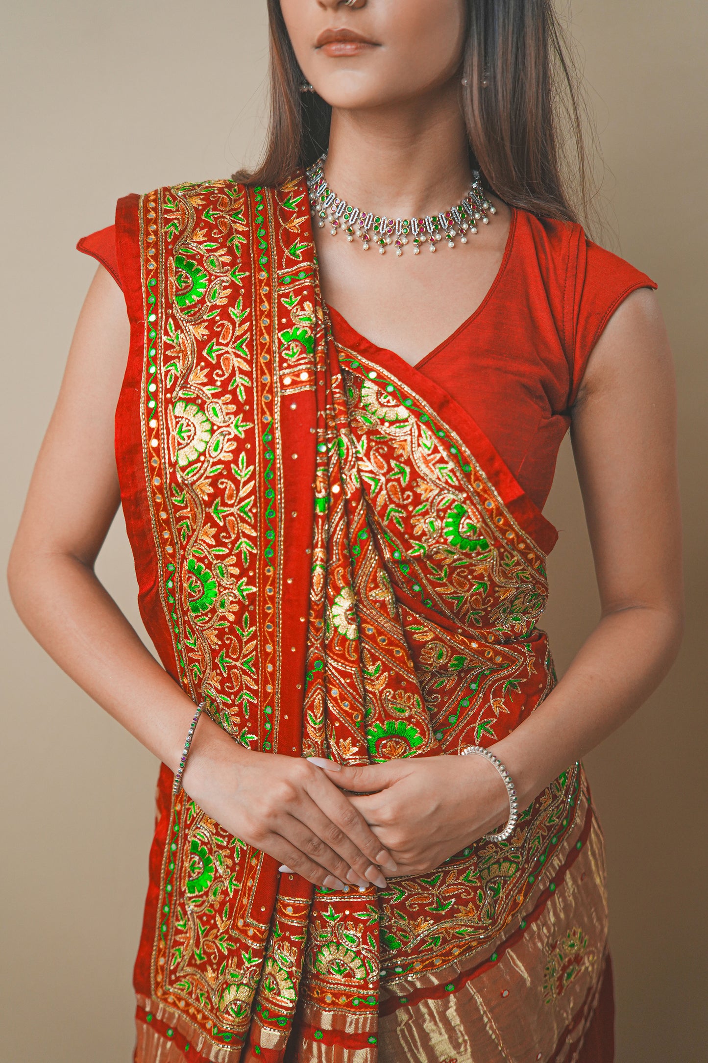 Red Gaji Silk Saree with Ghar Chola & Pitta Handwork