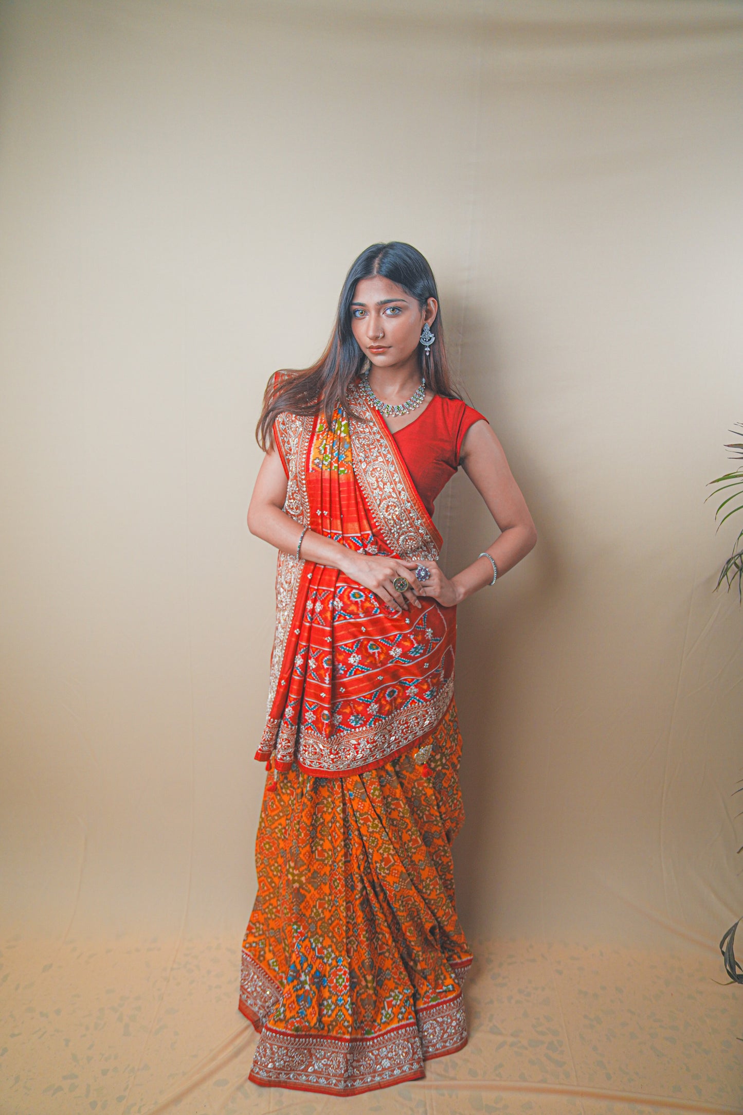 Red & Orange Pure Ikat Patola Saree with Zardozi and Aari Embroidery