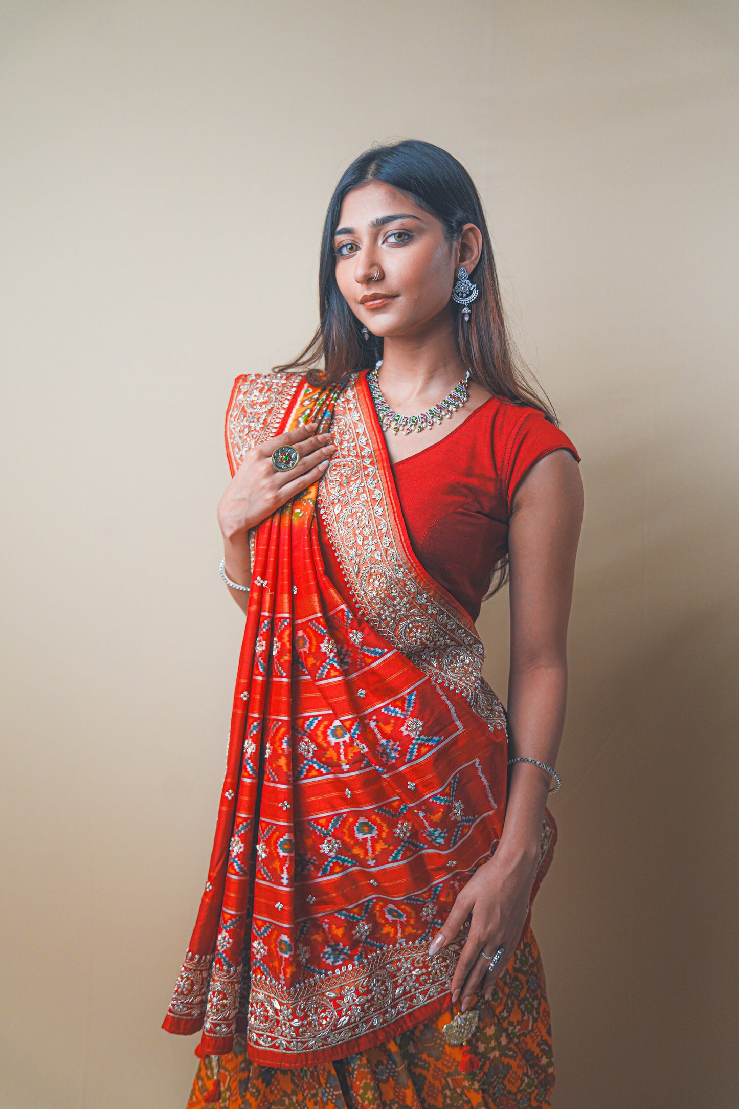 Red & Orange Pure Ikat Patola Saree with Zardozi and Aari Embroidery