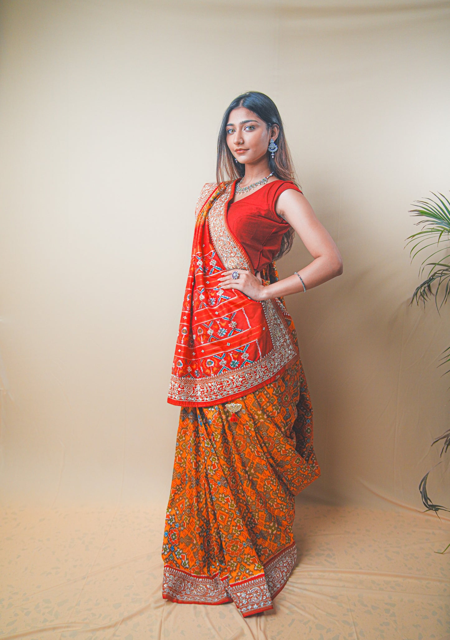 Red & Orange Pure Ikat Patola Saree with Zardozi and Aari Embroidery