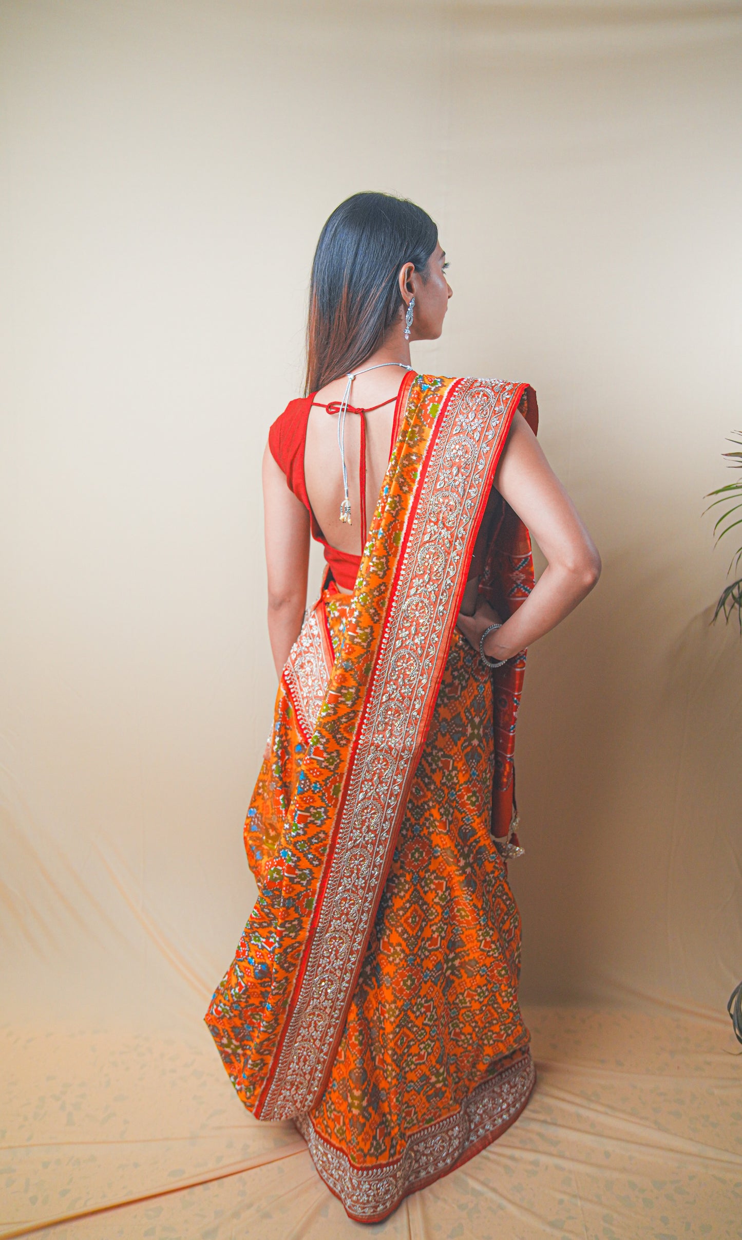 Red & Orange Pure Ikat Patola Saree with Zardozi and Aari Embroidery