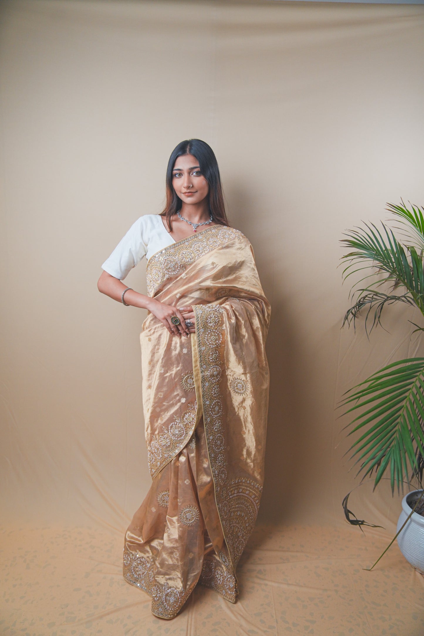 Golden Tissue Saree with Gota and Zardozi Handwork