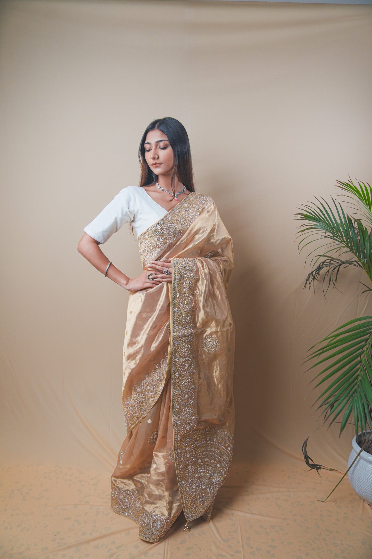 Golden Tissue Saree with Gota and Zardozi Handwork