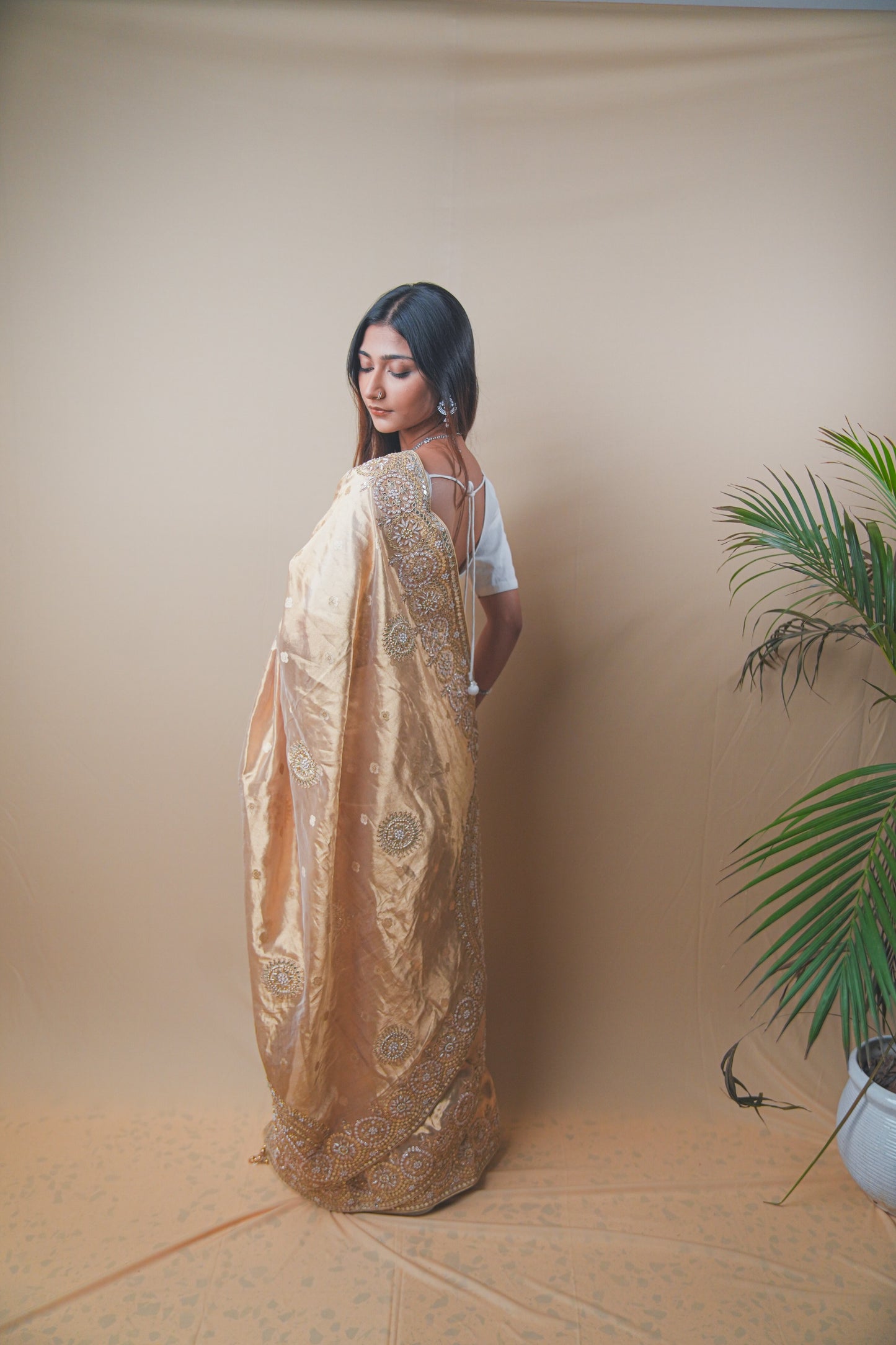 Golden Tissue Saree with Gota and Zardozi Handwork