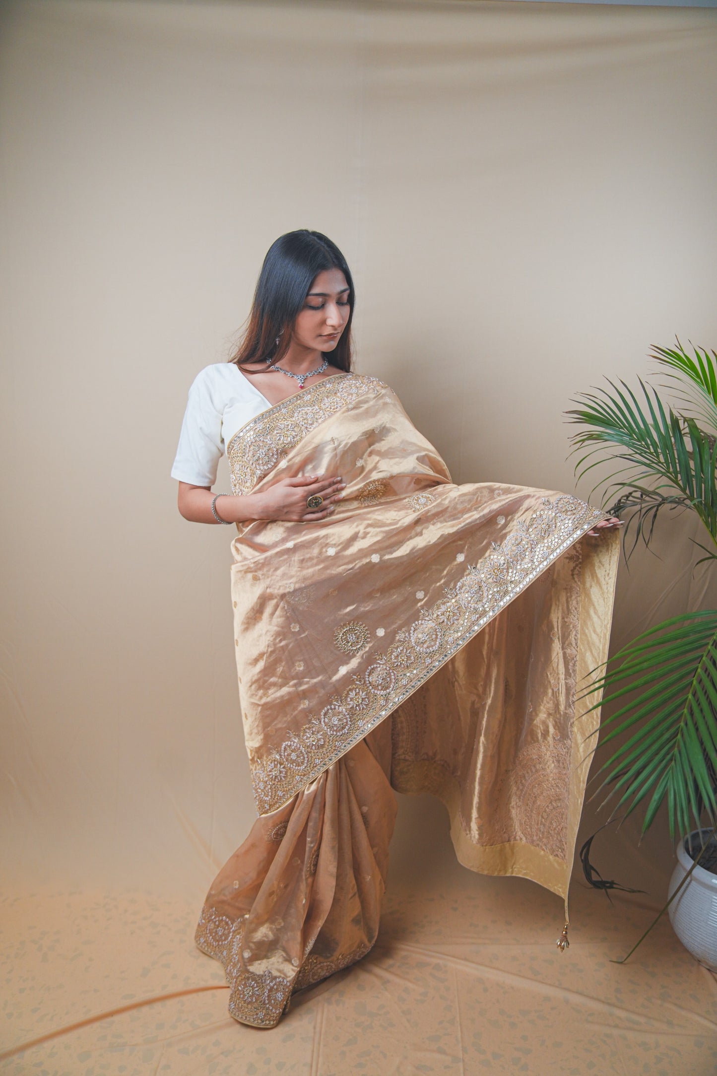 Golden Tissue Saree with Gota and Zardozi Handwork