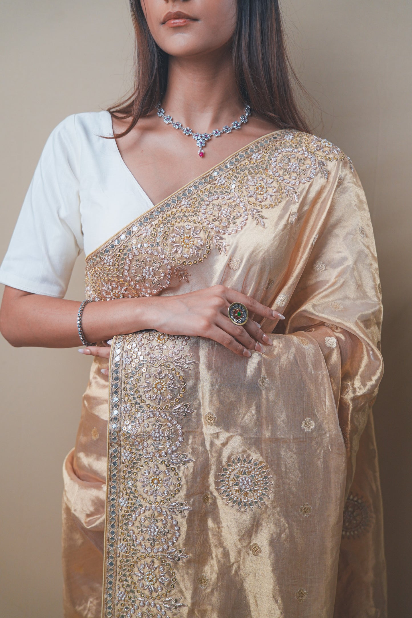 Golden Tissue Saree with Gota and Zardozi Handwork