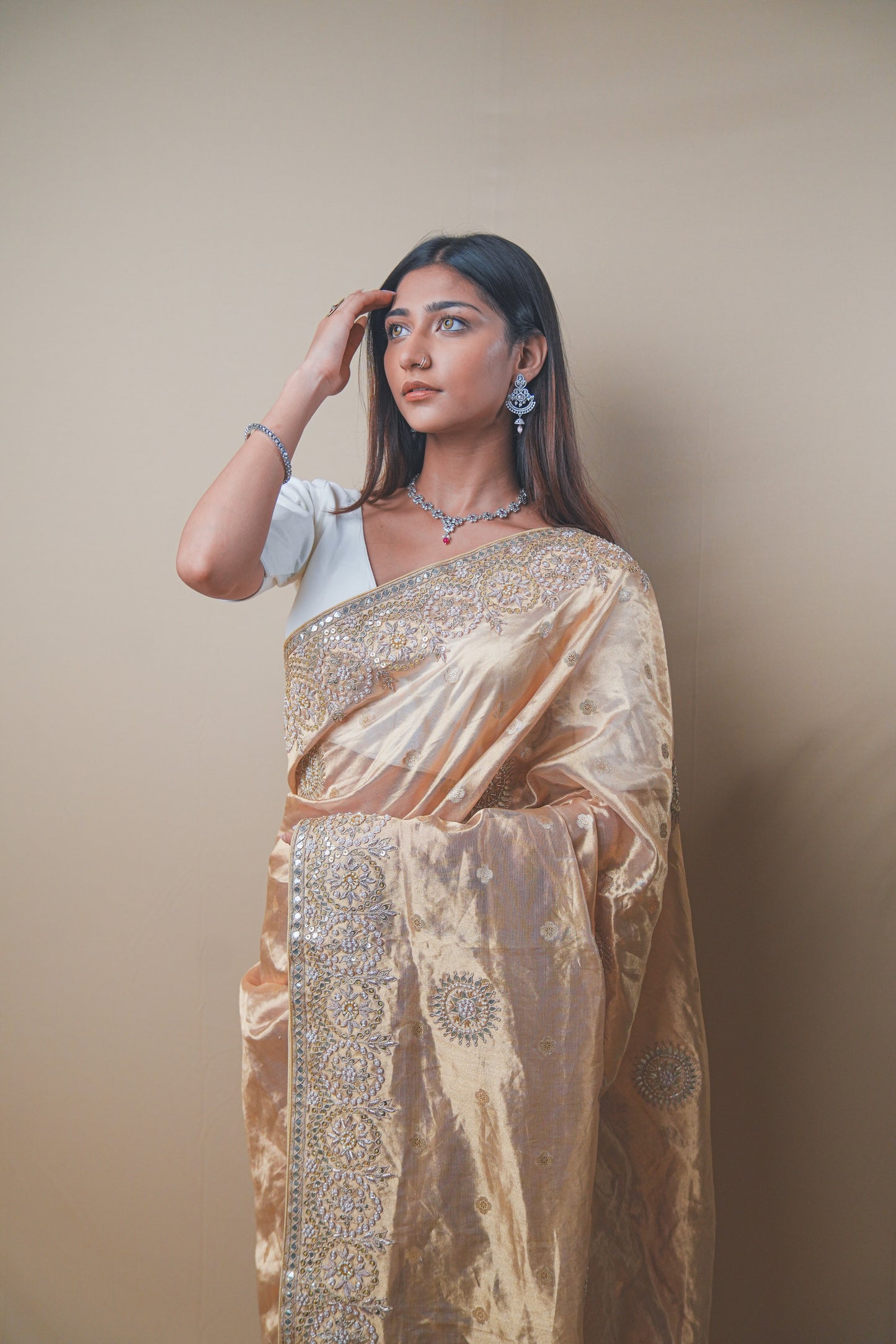 Golden Tissue Saree with Gota and Zardozi Handwork
