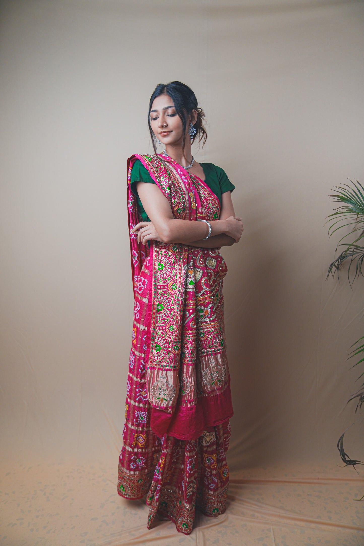 Rani Pink Gaji Silk Saree with Intricate Ghar Chola Work