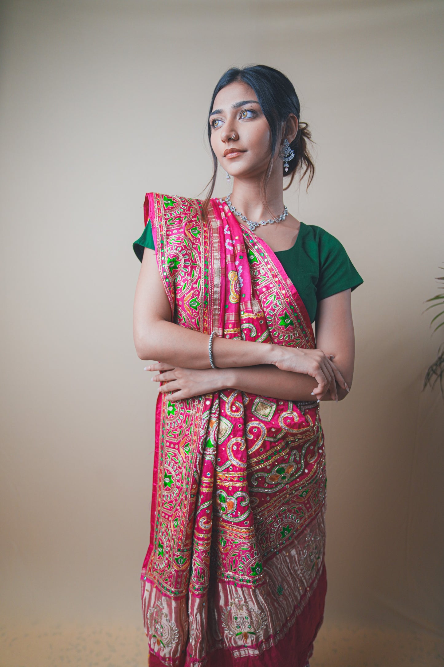 Rani Pink Gaji Silk Saree with Intricate Ghar Chola Work
