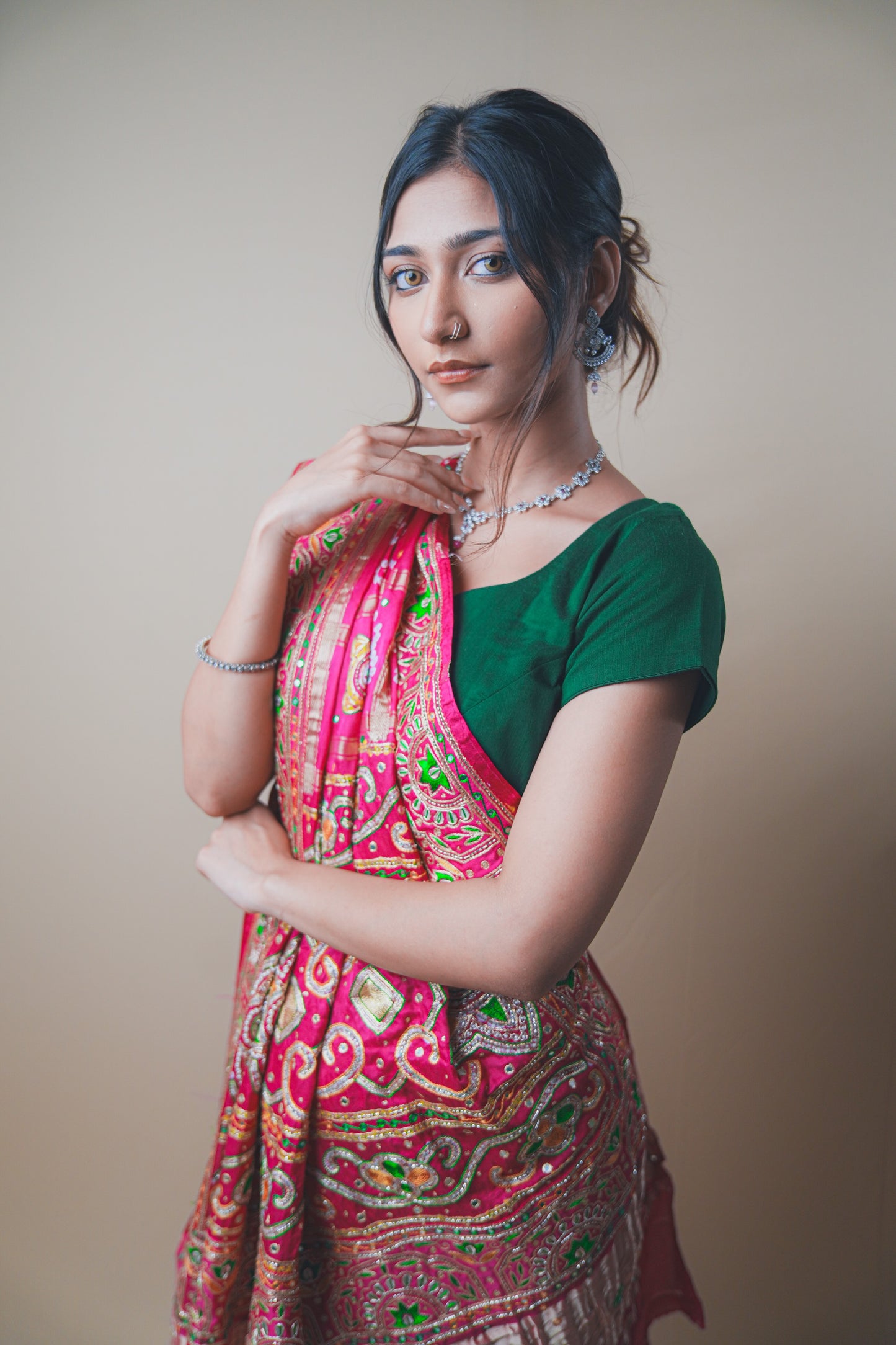 Rani Pink Gaji Silk Saree with Intricate Ghar Chola Work