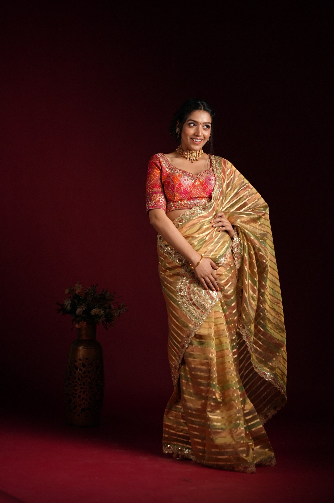 Golden Striped Silk Saree with Embroidered Border
