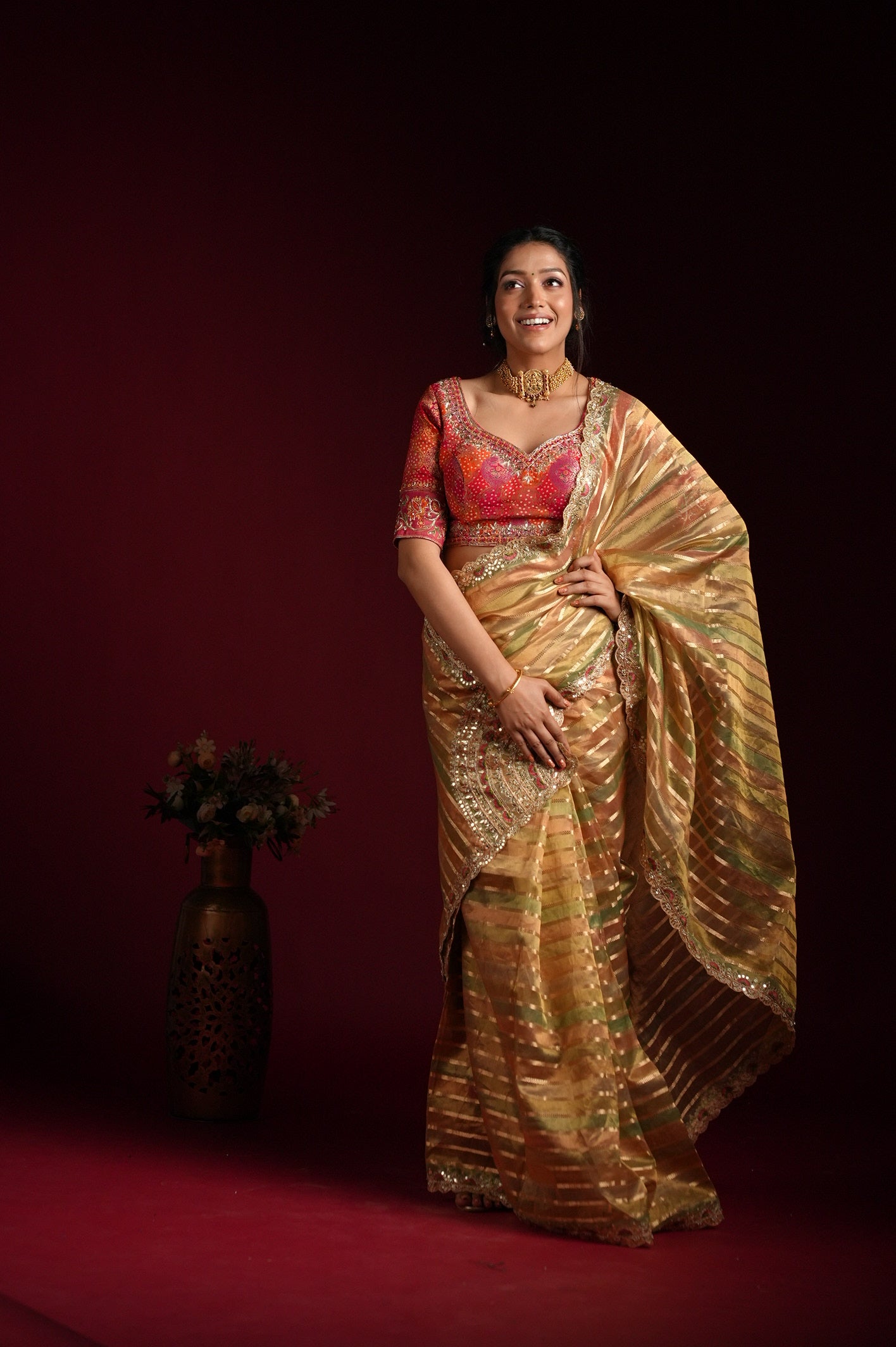 Golden Striped Silk Saree with Embroidered Border