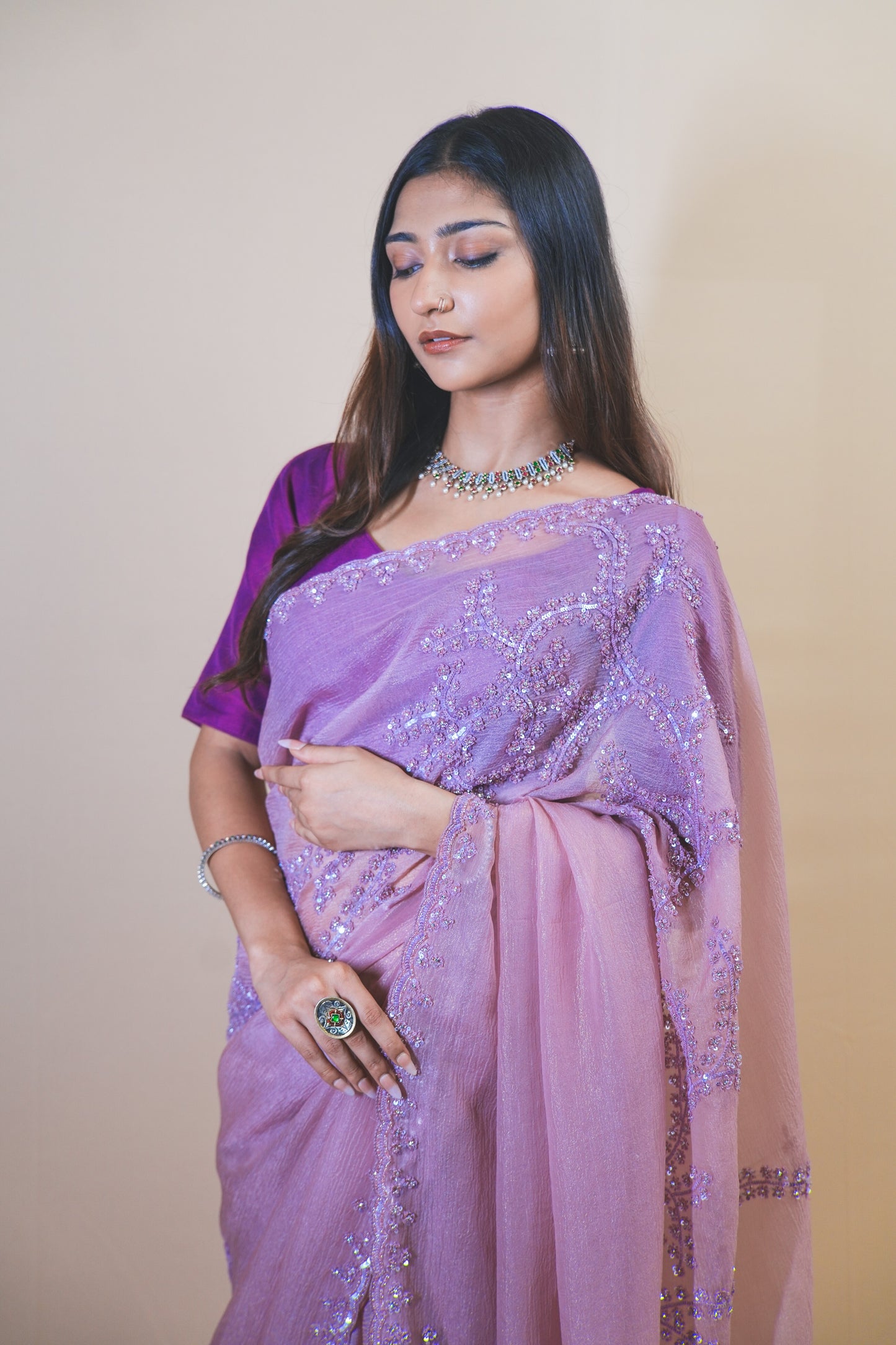 Elegant Light Purple Crushed Tissue Saree Featuring Tikki & Abla Work